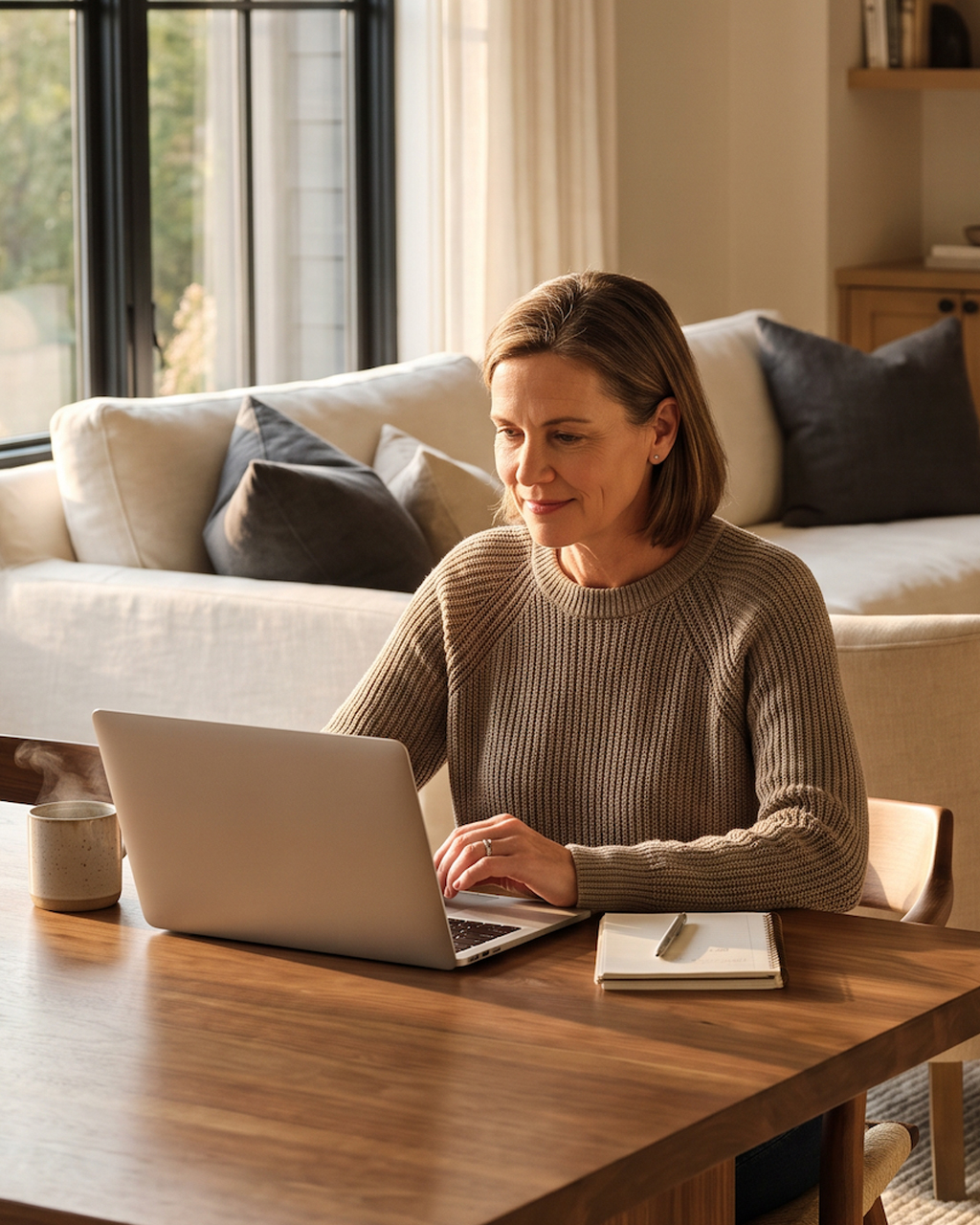 Vacation rental homeowner reviewing her property reporting dashboard on a laptop at home